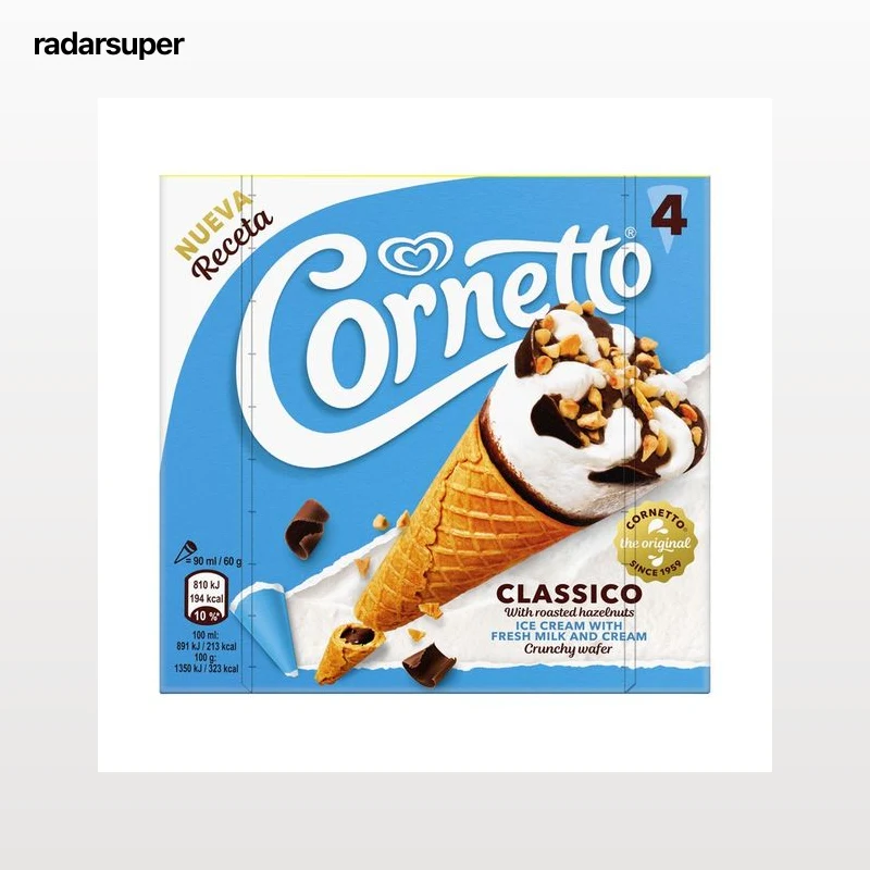 CORNETTO Classico de Frigo Cono de helado de nata y chocolate con trocitos de avellana 4 x 90 ml.