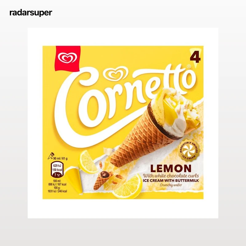CORNETTO Cono de helado de limón con chocolate blanco 4 x 90 ml.