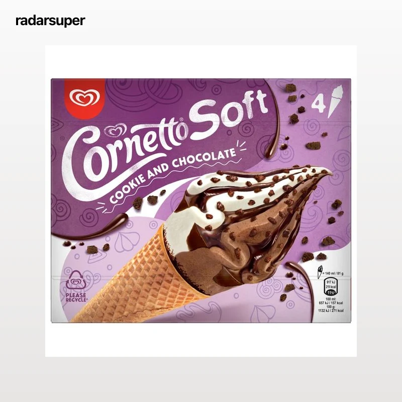 CORNETTO Cono de helado sabor galleta con trocitos de galleta al cacao, salsa y recubrimiento de chocolate 4 x 140 ml.