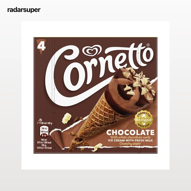 CORNETTO de Frigo Cono de chocolate con helado de chocolate con virutas de chocolate blanco 4 x 90 ml.
