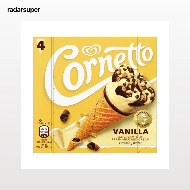 CORNETTO de Frigo Cono de helado de vainilla con chocolate y almendras caramelizadas 4 x 90 ml.