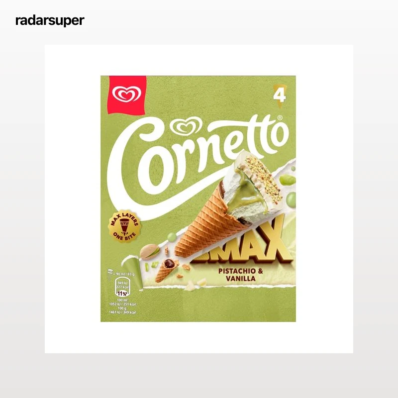 CORNETTO Max Cono de helado de pistacho y chocolate blanco 4 x 90 ml.