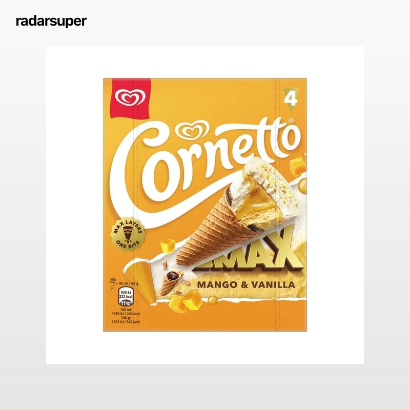 CORNETTO Max de Frigo Helado de mango y vainilla con chocolate blanco 4 x 90 ml.