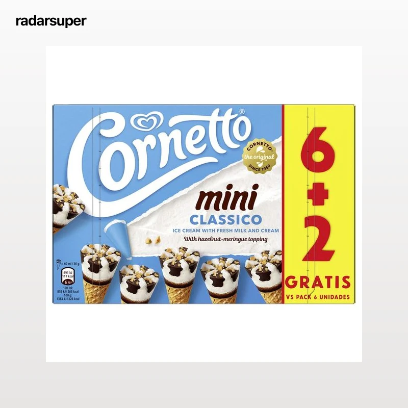 CORNETTO Mini cono de helado de nata, con trocitos de avellana y topping de salsa de chocolate 6 x 60 ml.