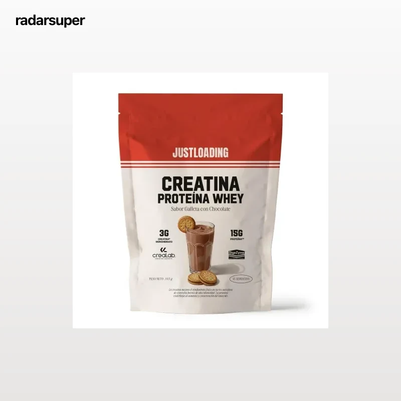 Creatina monohidrato en polvo alta en proteína sabor galleta con cacao Just Loading doy pack 345 g.