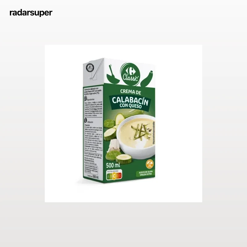 Crema de calabacín con queso Classic Carrefour sin gluten 500 ml.