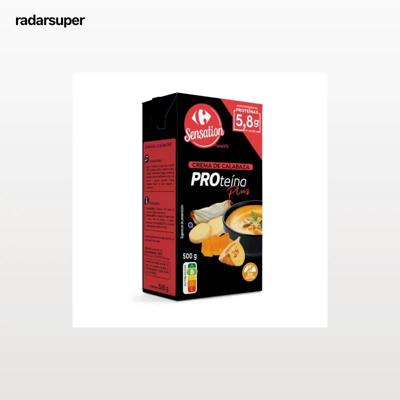 Crema de calabaza alta en proteínas Sensation Carrefour sin gluten brik 500 ml.