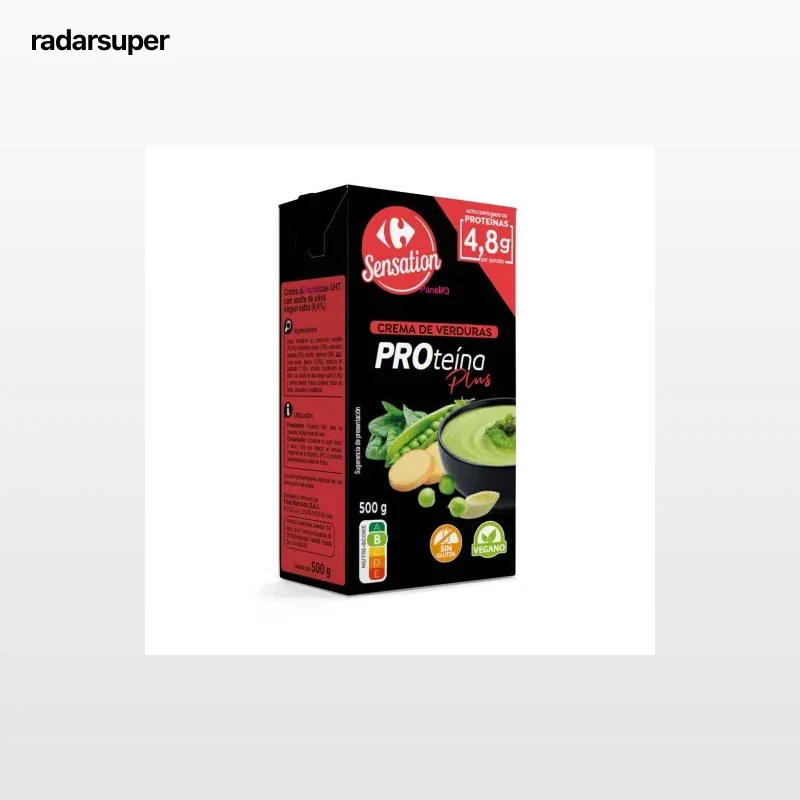 Crema de verduras alta en proteínas Sensation Carrefour sin gluten brik 500 ml.