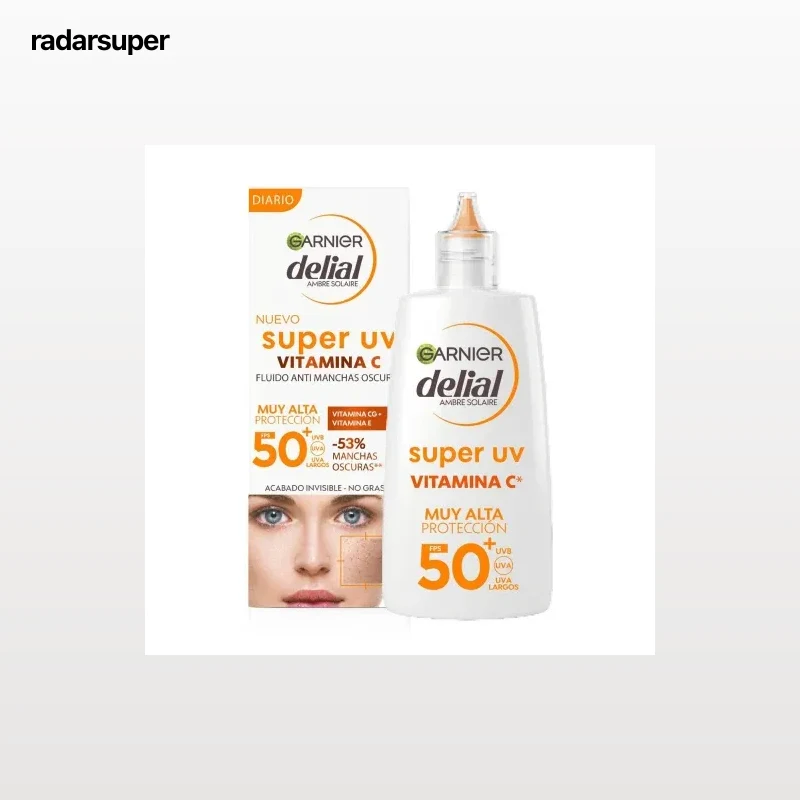 Crema facial solar anti-manchas oscuras Super UV Vitamina C FPS50+ Garnier Delial 40 ml.