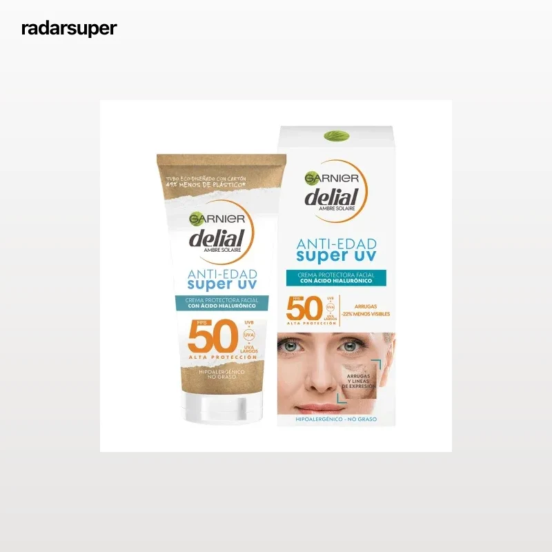 Crema protectora facial con ácido hialurónico SPF50 anti-edad Super UV Garnier Delial 50 ml.