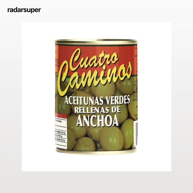 CUATRO CAMINOS Aceitunas verdes varidad Manzanilla finas, rellenas de anchoa 120 g.