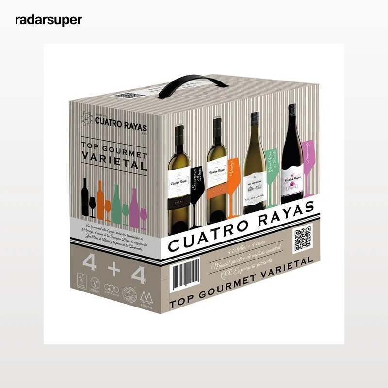 CUATRO RAYAS Caja con 3 botellas de vino blanco  D.O Rueda, Gran vino de Rueda y vino tinto I.G.P Vino de la Tierra de Castilla y León.