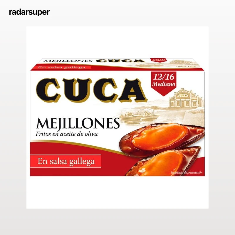 CUCA Mejillones fritos en aceite de oliva,salsa Gallega, 12/16 piezas lata de 65 g.