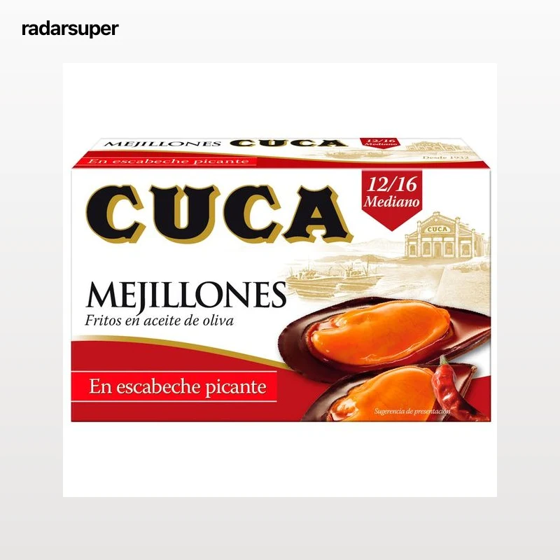 CUCA Mejillones medianos (12/16) fritos en aceite de oliva, en escabeche picante 69 g.