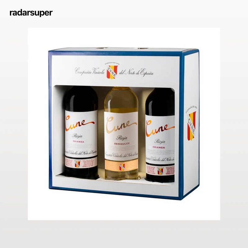 CUNE  Estuche con botellas (2) de vino tinto crianza y botella de vino blanco con DOC Rioja CUNE.