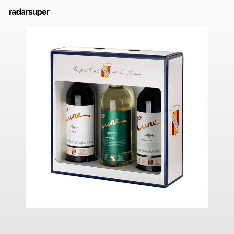 CUNE  Estuche con botellas de vino tinto crianza con DOC Rioja y botella de vino blanco con DO Rueda CUNE.