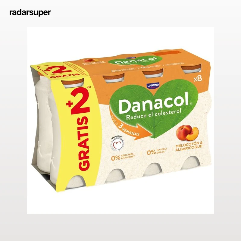DANACOL de Danone Leche fermentada desnatada con edulcorantes, esteroles vegetales añadidos y sabor melocotón y albaricoque 6 x 96 ml.