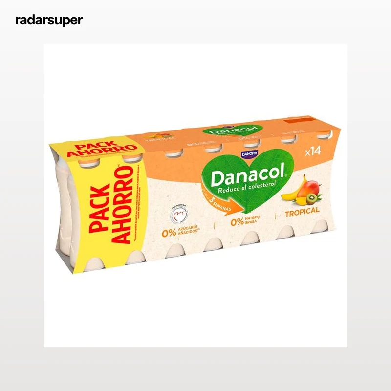 DANACOL de Danone Leche fermentada desnatada con edulcorantes, esteroles vegetales añadidos y sabor tropical 14 x 96 ml.