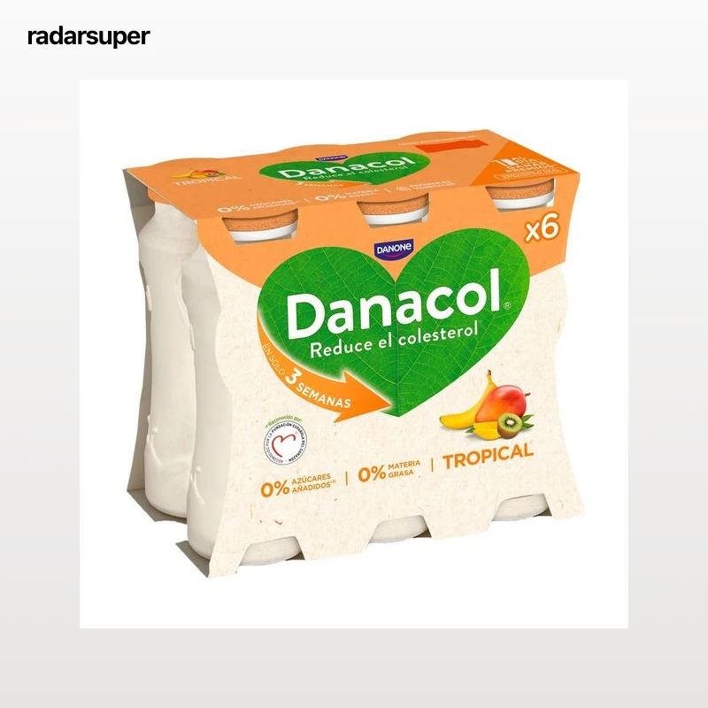 DANACOL Leche fermentada desnatada con edulcorantes, esteroles vegetales añadidos y frutas tropicales de Danone 6 x 100 g.