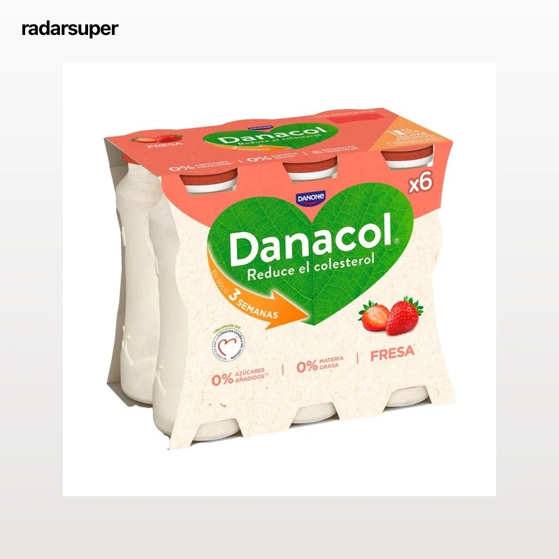DANACOL Leche fermentada desnatada con edulcorantes, esteroles vegetales añadidos y sabor a fresa de Danone 6 x 100 g