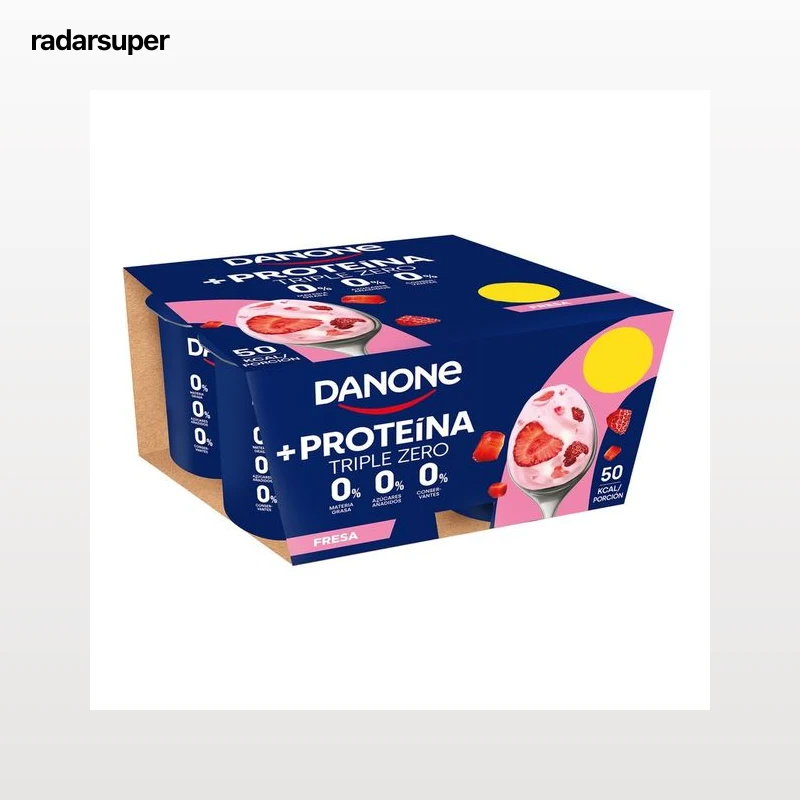DANONE + Proteina Yogur 0 % materia grasa con proteína de origen natural y sabor a fresa 4 x 100 g.