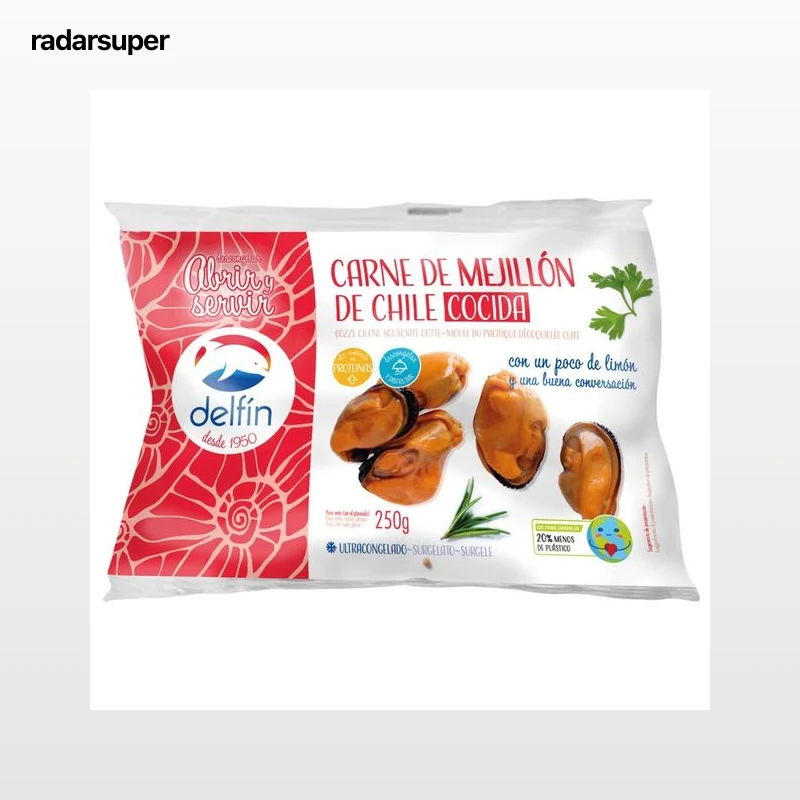 DELFÍN Carne de mejillón de Chile, cocida y ultracongelada DELFÍN 250 g.