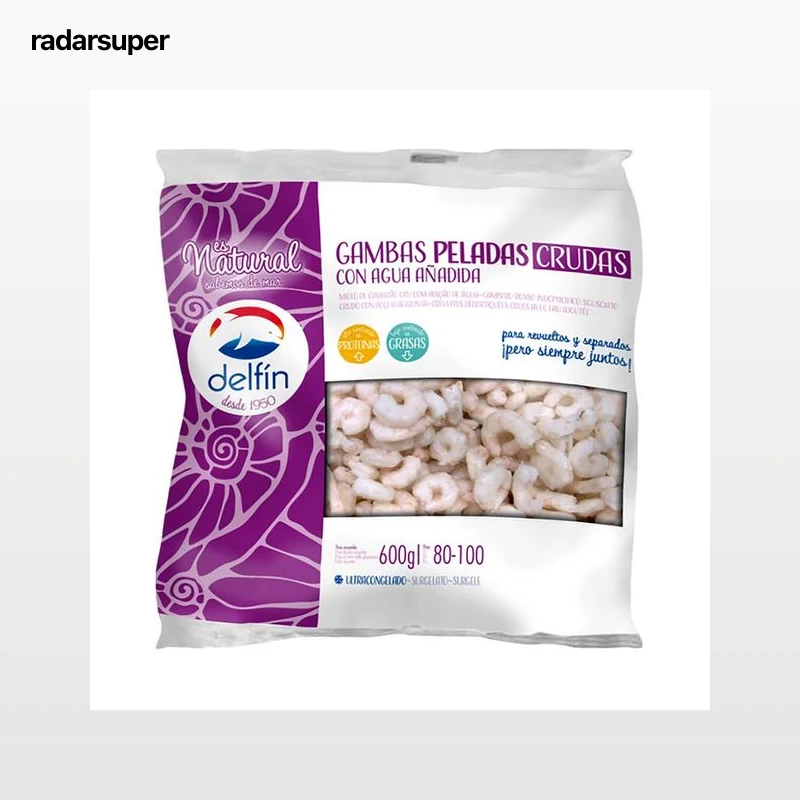 DELFÍN Gambas peladas crudas 60/80, utracongeladas y con agua añadida DELFÍN 600 g.