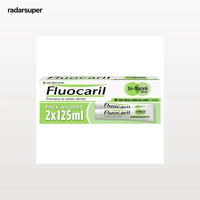 Dentífrico con flúor anti-caries sabor menta Bi-Fluoré 250 mg Fluocaril pack de 2 unidades de 150 ml.