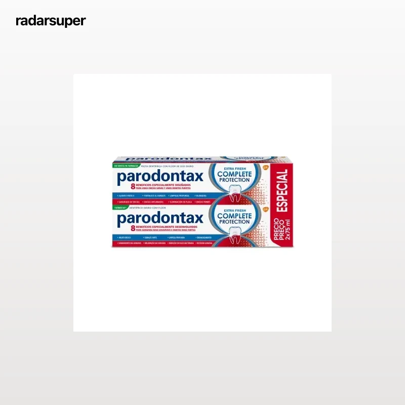Dentífrico con flúor de uso diario Complete Protección Extra Fresh Parodontax pack de 2 unidades de 75 ml.