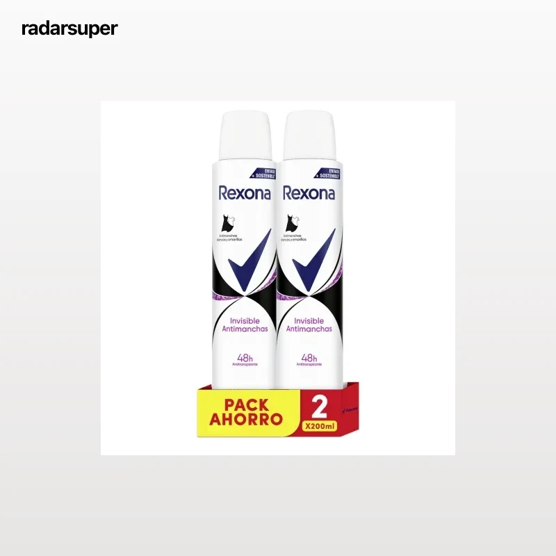Desodorante en spray invisible antimanchas Rexona pack de 2 unidades de 200 ml.