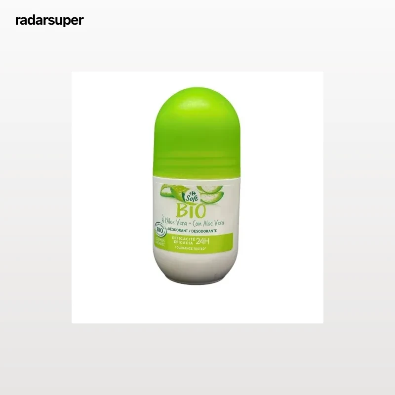Desodorante roll-on eficacia 24h con aloe vera ecológico  Soft Bio Carrefour 50 ml.