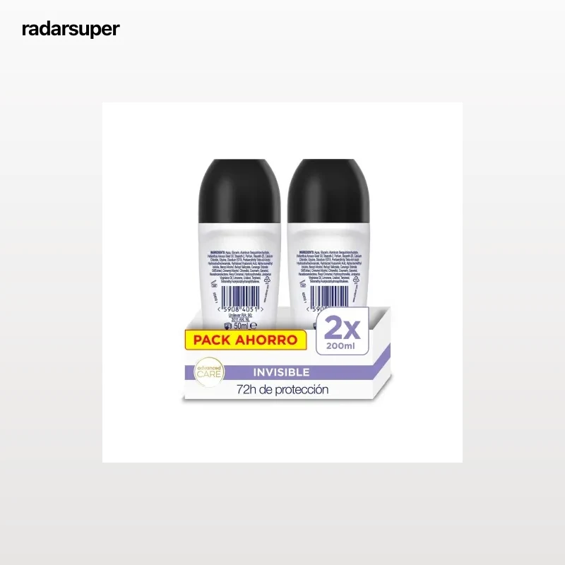 Desodorante roll-on invisible dry Dove pack de 2 unidades de 50 ml.