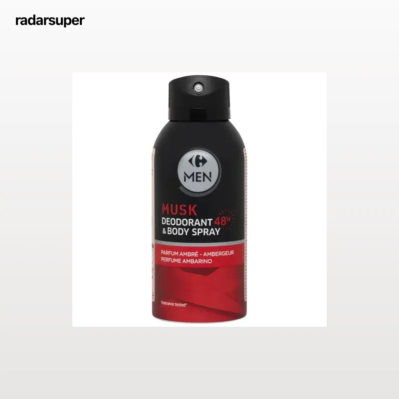 Desodorante spray musk perfume ambarino Men Carrefour 150 ml.