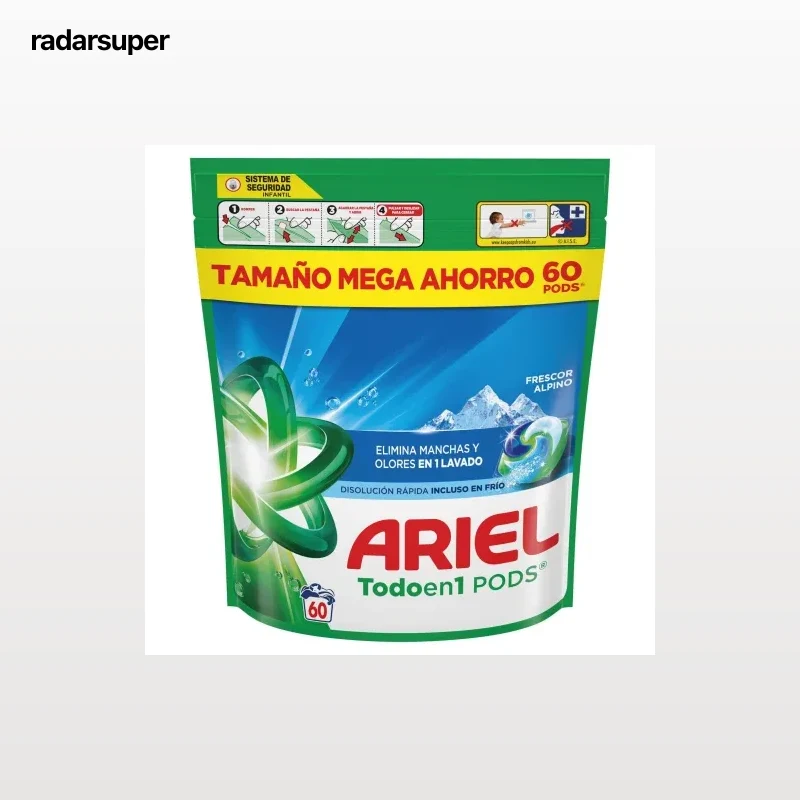 Detergente a maquina en cápsulas frescor alpino Ariel Pods 60 lavados.