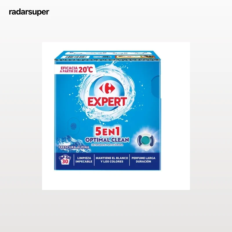 Detergente en capsulas 5en1 optimal clean frescura alpina Expert Carrefour 30 lavados.