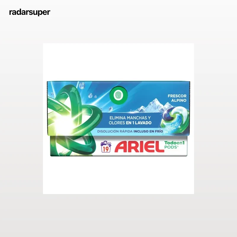 Detergente en cápsulas alpes Todo en Uno Pods Ariel 19 lavados.
