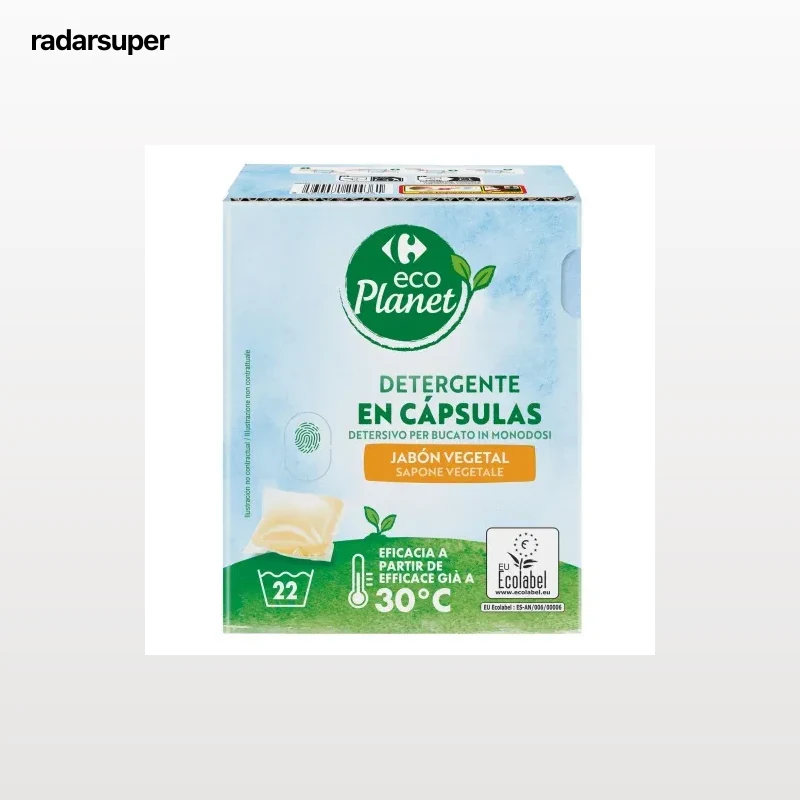 Detergente en cápsulas con carbón vegetal ecológico Eco Planet Carrefour 22 lavados.