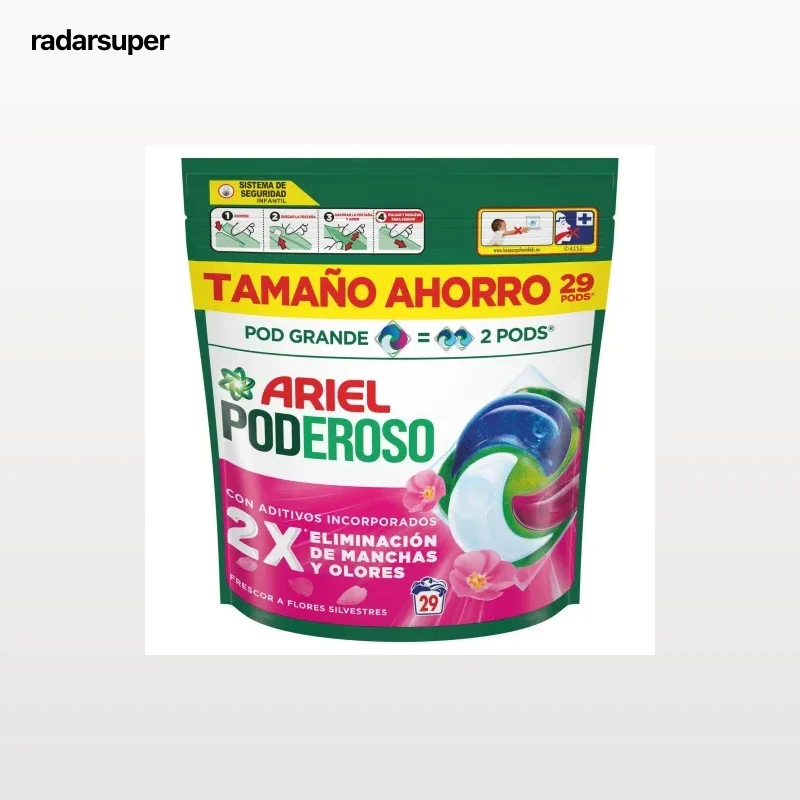 Detergente en cápsulas frescor silvestre Poderoso Ariel 29 lavados.