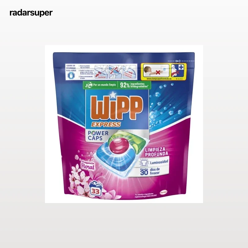 Detergente en cápsulas limpieza profunda fragancia floral Power Caps Wipp Express 33 ud.