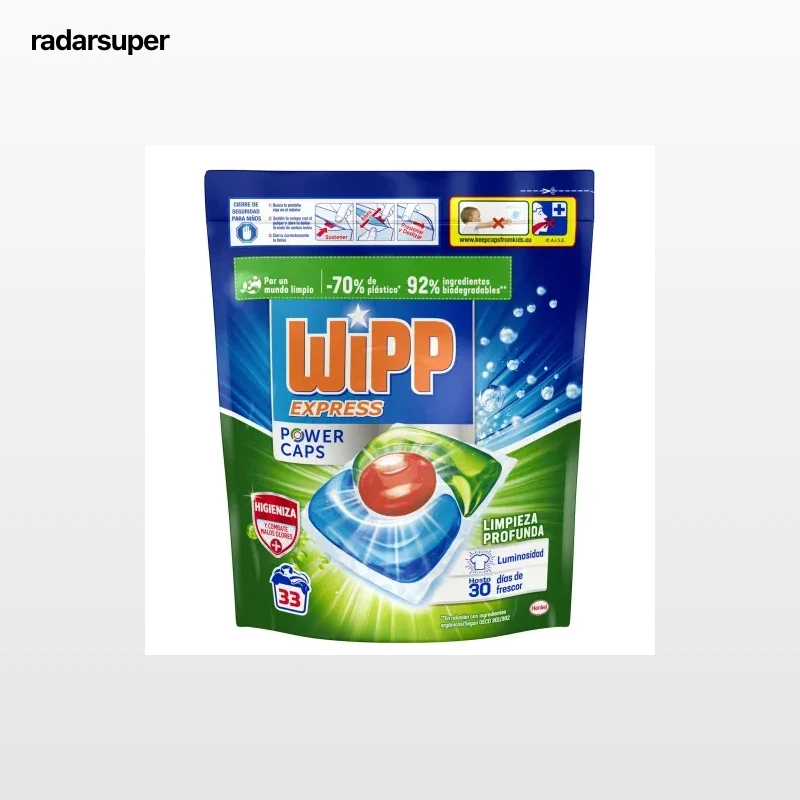 Detergente en cápsulas limpieza profunda higiene antiolores Wipp Express 33 lavados.