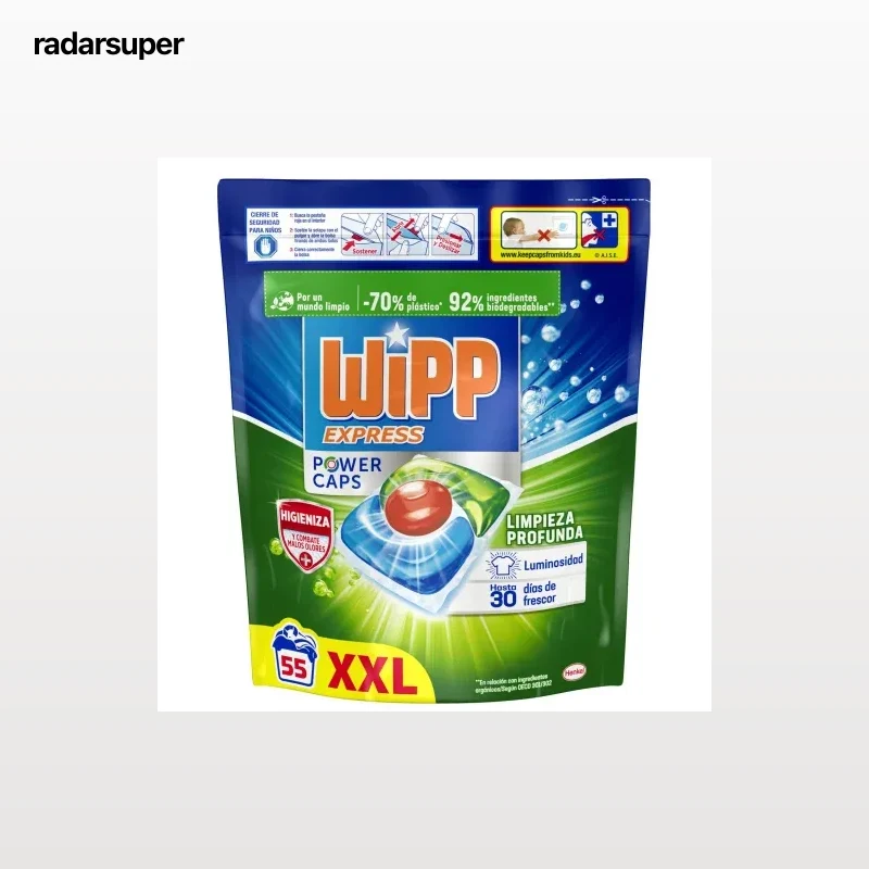 Detergente en cápsulas limpieza profunda higiene antiolores Wipp Express 55 lavados.