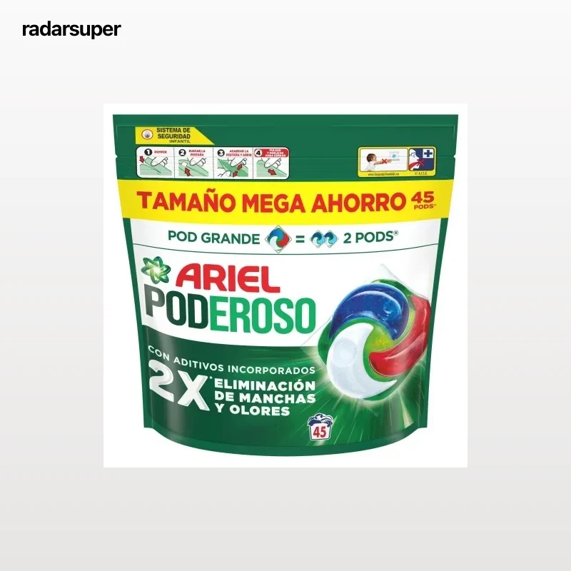 Detergente en cápsulas original Poderoso Ariel 45 lavados.