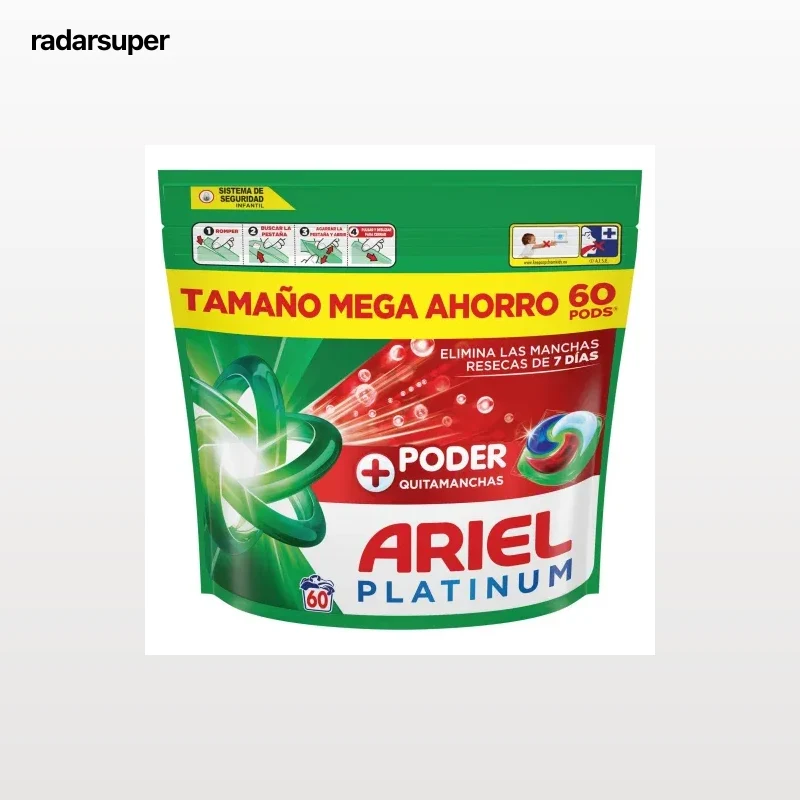 Detergente en cápsulas poder quitamanchas Ariel Platinum 60 lavados.