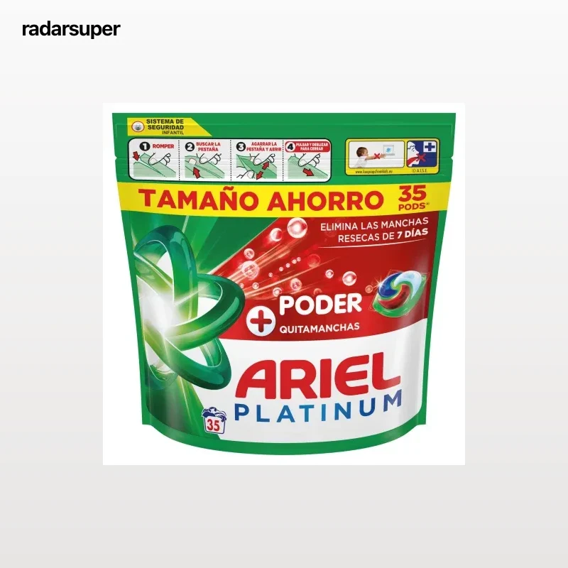 Detergente en cápsulas + poder quitamanchas Platinum Ariel 35 lavados.