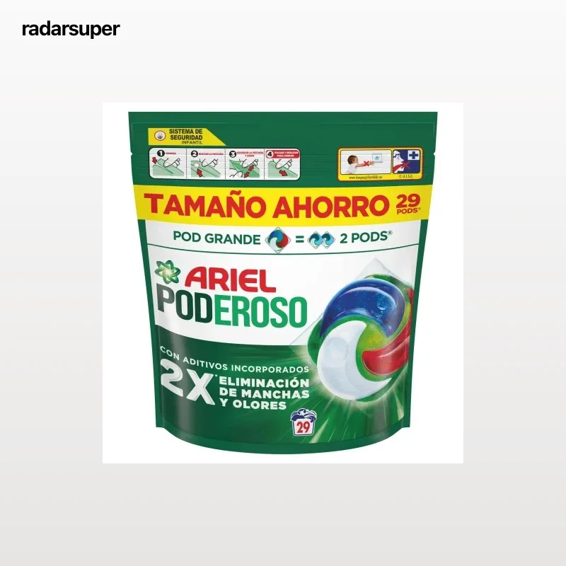 Detergente en cápsulas Poderoso Ariel 29 lavados.