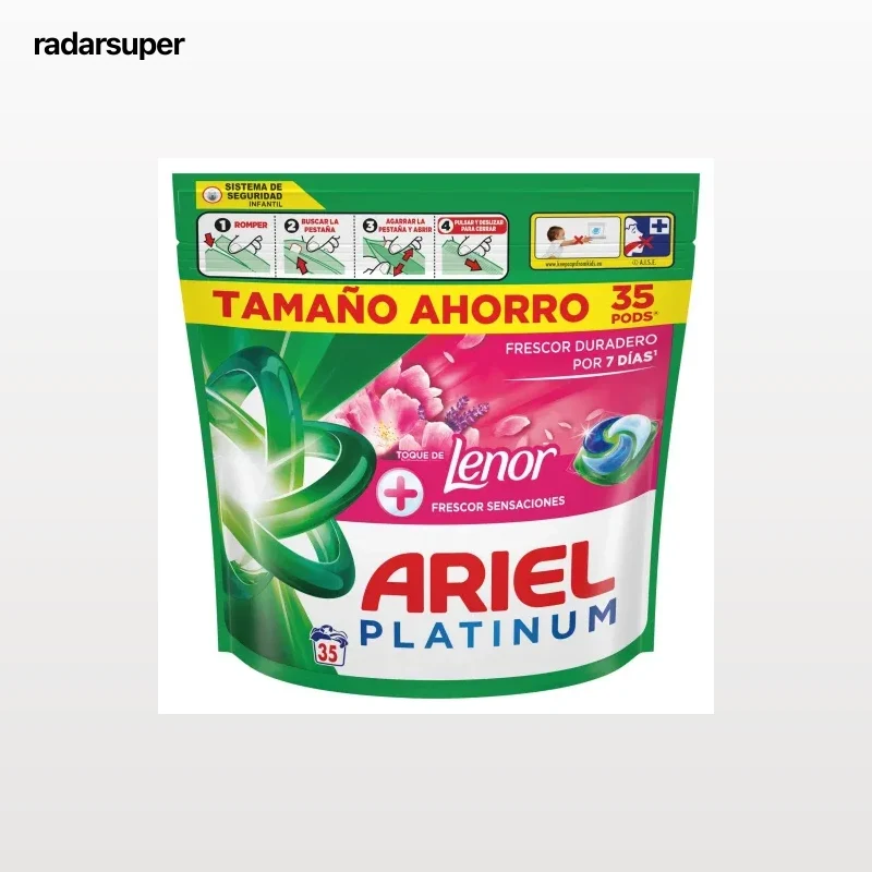 Detergente en cápsulas + toque de Lenor frescor sensaciones Platinum Ariel 35 lavados.