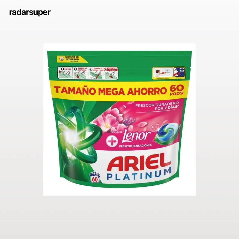 Detergente en cápsulas +toque de Lenor frescor sensaciones Platinum Ariel 60 lavados.