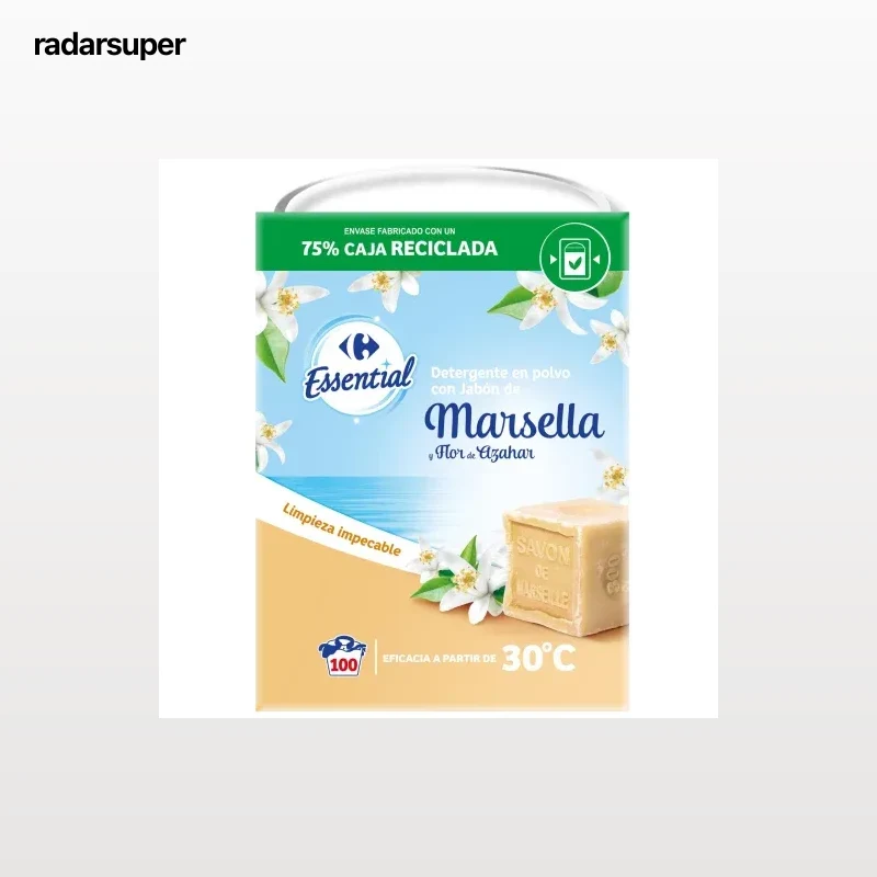 Detergente en polvo con jabón de Marsella Essential Carrefour 100 lavados.