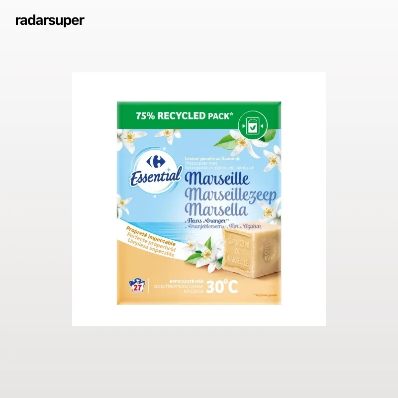 Detergente en polvo con jabón de Marsella Essential Carrefour 27 lavados.