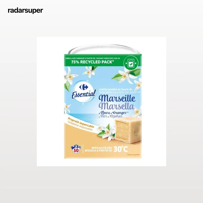 Detergente en polvo jabón de Marsella Essential Carrefour 50 lavados.
